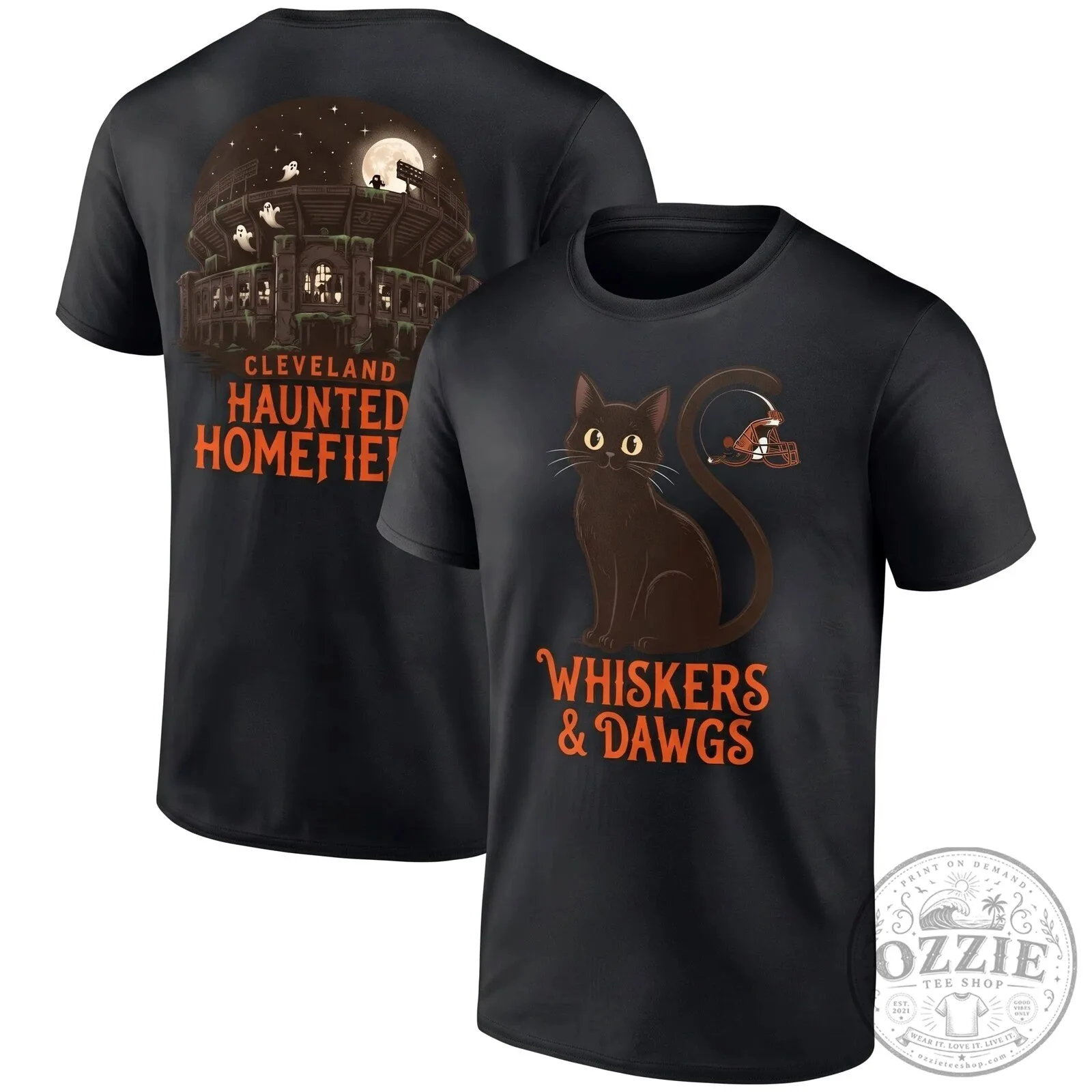 Cleveland Browns Halloween Whiskers and Dawgs Haunted Homefield T-Shirt 2 Cleveland Browns Halloween Whiskers and Dawgs Haunted Homefield T-Shirt