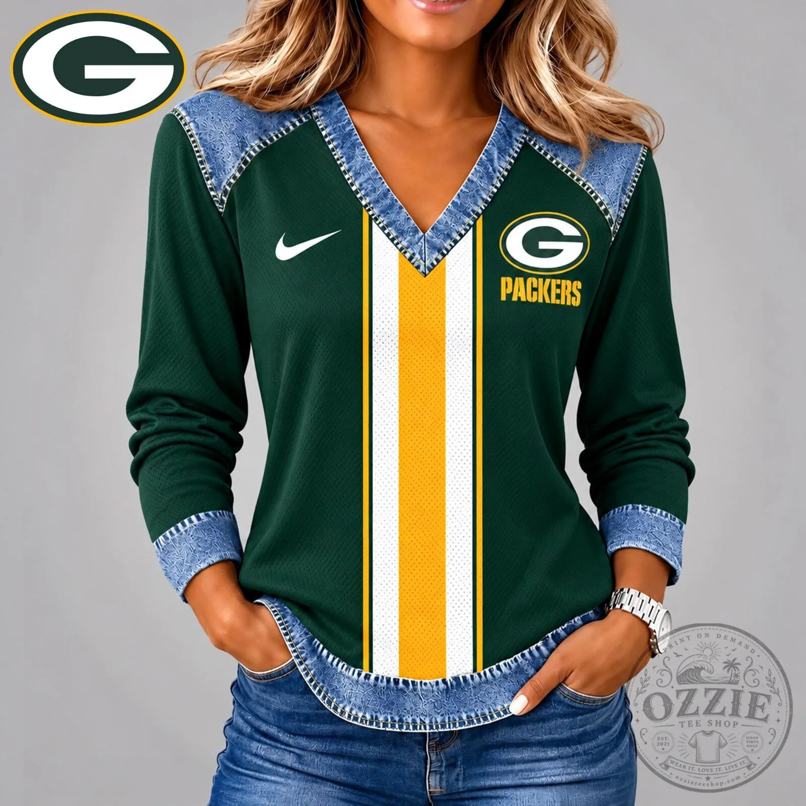 Green Bay Packers NFL Classic Vintage Long Sleeve V-Neck Shirt