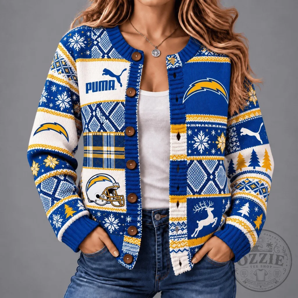Los Angeles Chargers Christmas Patchwork Ugly Christmas Cardigan Sweater Los Angeles Chargers Christmas Patchwork Ugly Christmas Cardigan Sweater