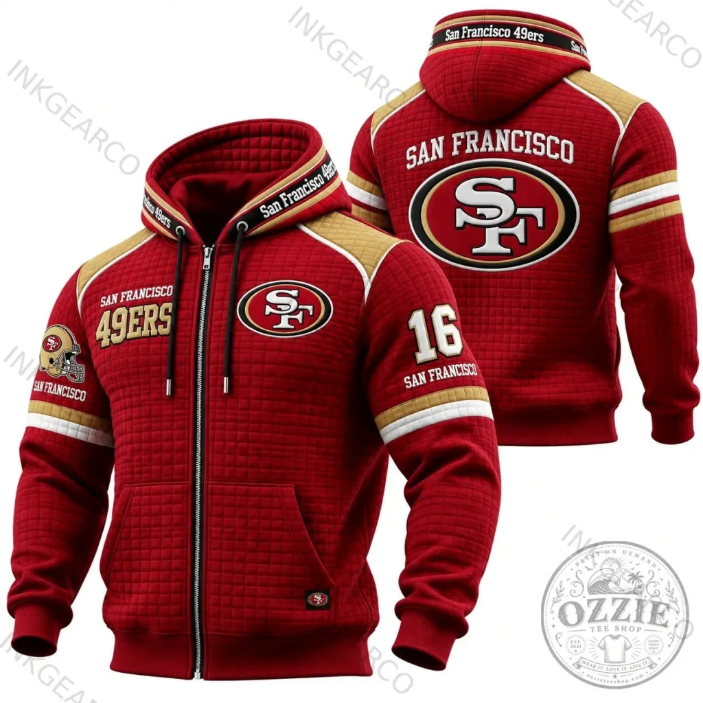 San Francisco 49ers NFL Football Team Red Gold Waffle Knit Hoodie Sweatshirt San Francisco 49ers NFL Football Team Red Gold Waffle Knit Hoodie Sweatshirt