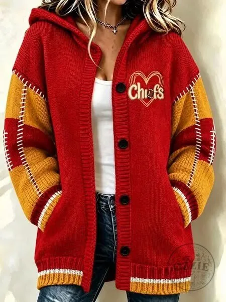 Kansas City Chiefs Heart Logo Red Gold Patchwork Hooded Cardigan Jacket