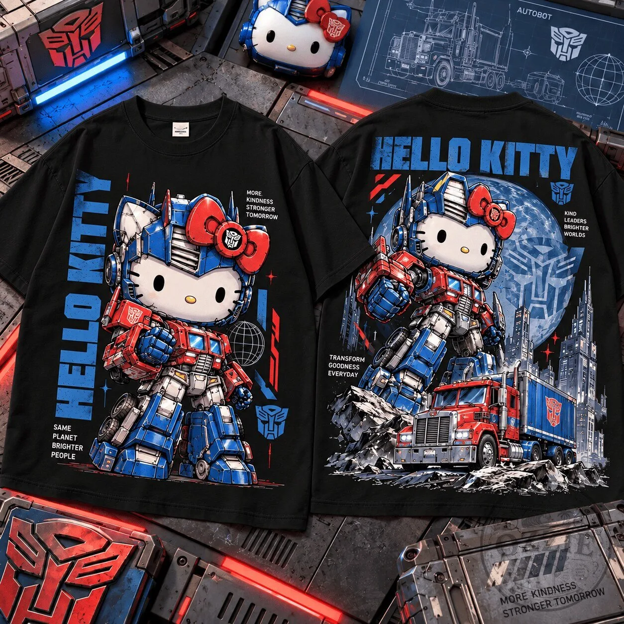 Hello Kitty Optimus Prime Transformers Crossover Black T-Shirt