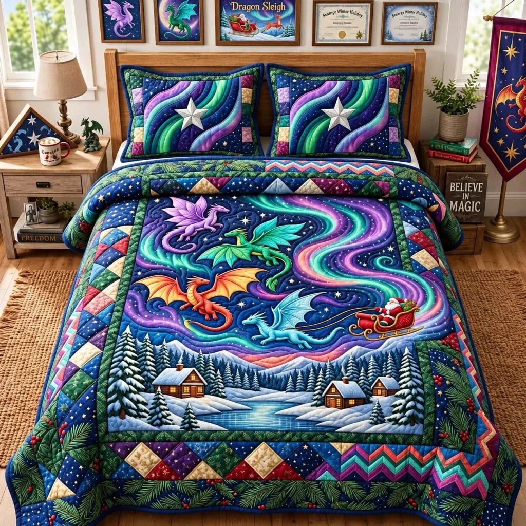 Aurora Dragon Flight Winter Wonderland Quilted Bedding Set Aurora Dragon Flight Winter Wonderland Quilted Bedding Set