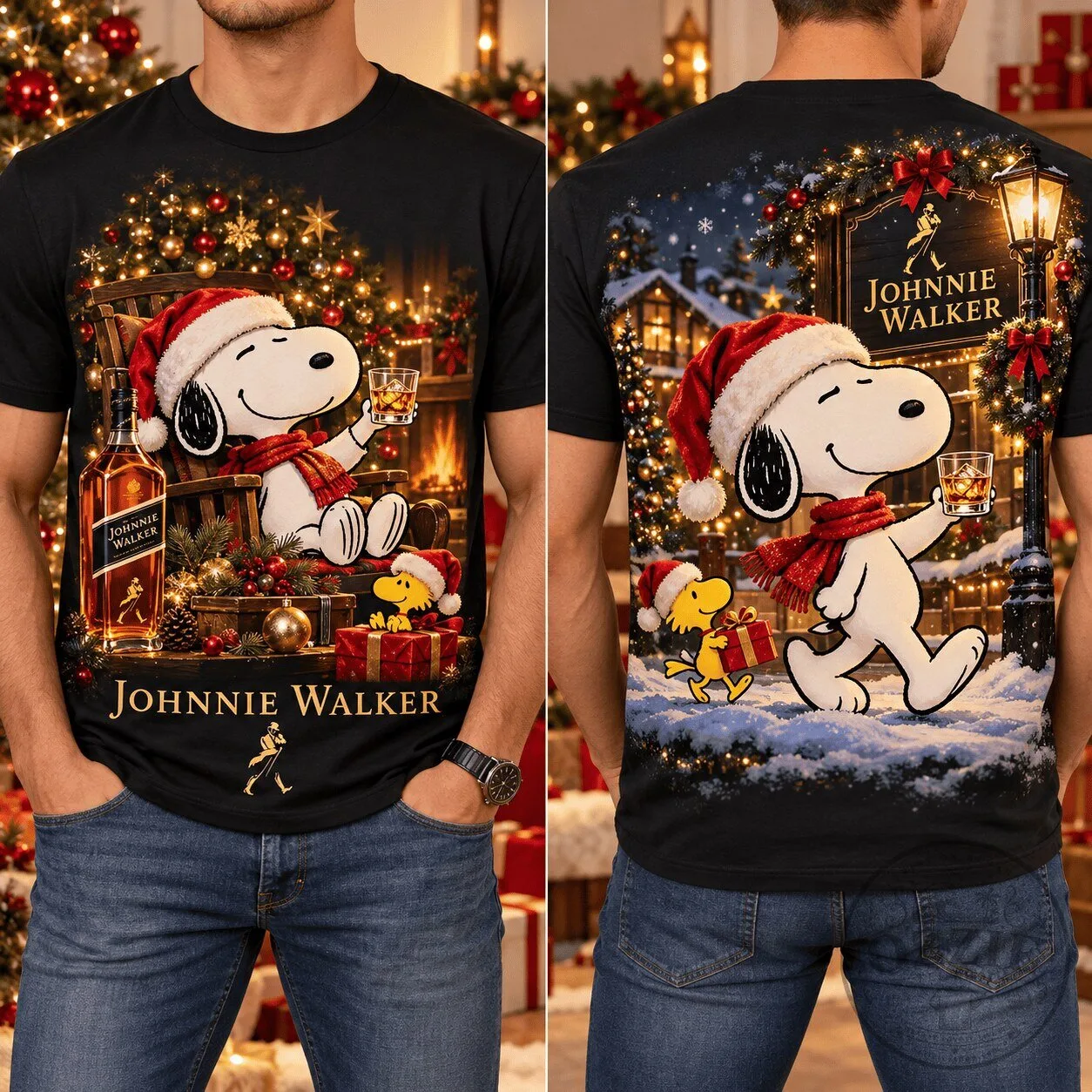 Johnnie Walker Snoopy Christmas Holiday Whiskey Black Adult T-Shirt 2 Johnnie Walker Snoopy Christmas Holiday Whiskey Black Adult T-Shirt
