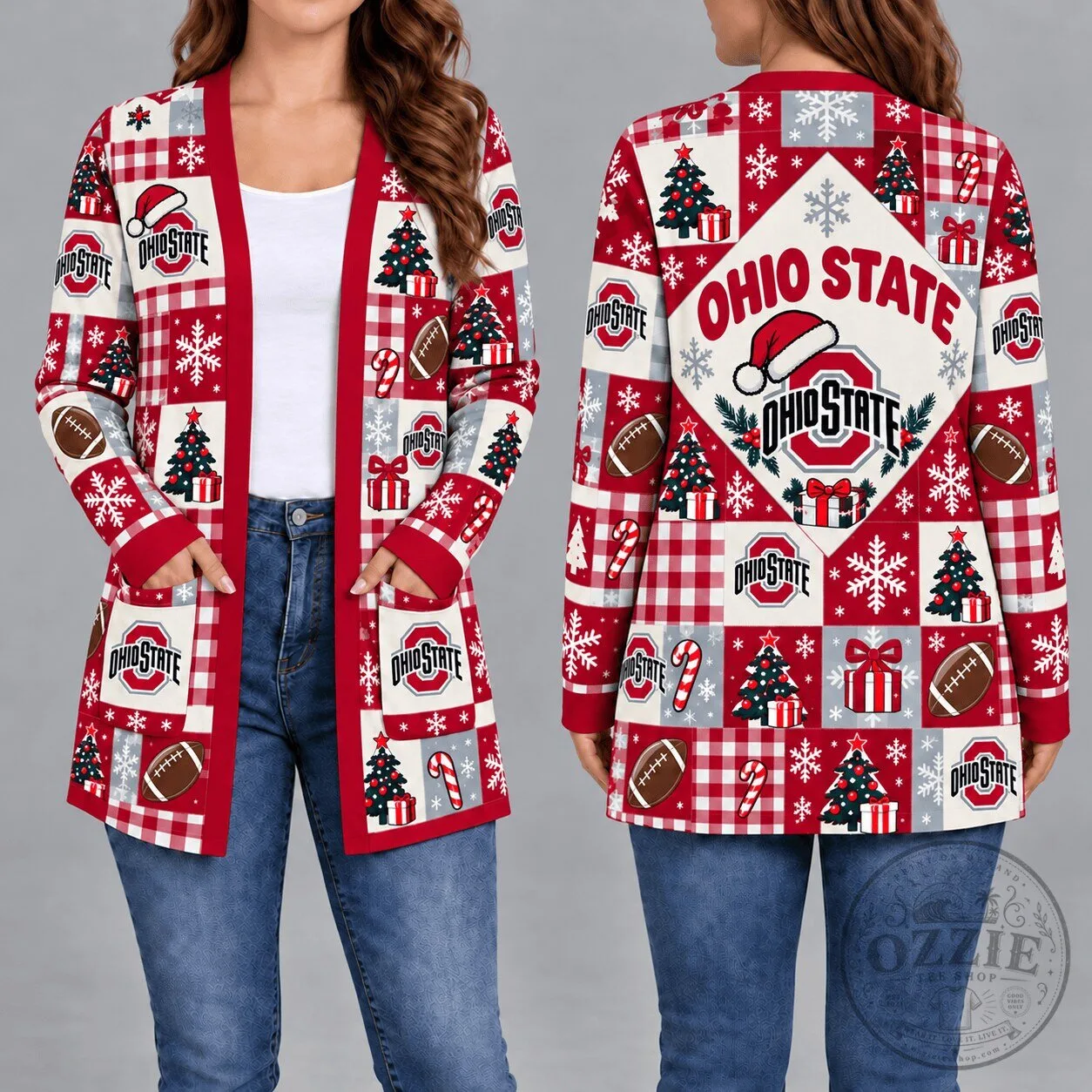 Ohio State Buckeyes Christmas Plaid Pattern Women's Long Sleeve Cardigan 1 Ohio State Buckeyes Christmas Plaid Pattern Women's Long Sleeve Cardigan