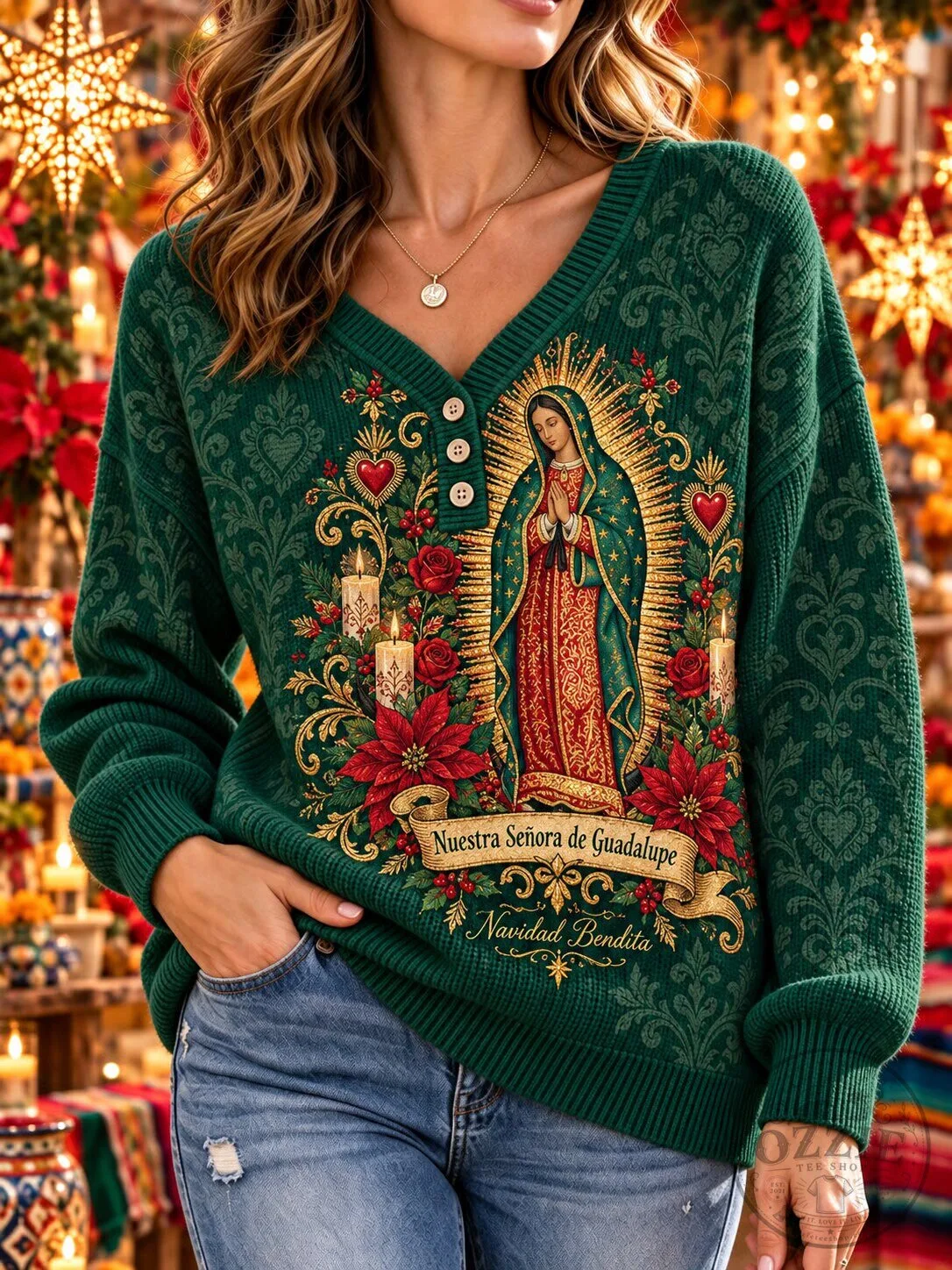 Our Lady of Guadalupe Christmas Green V-Neck Long Sleeve Sweatshirt