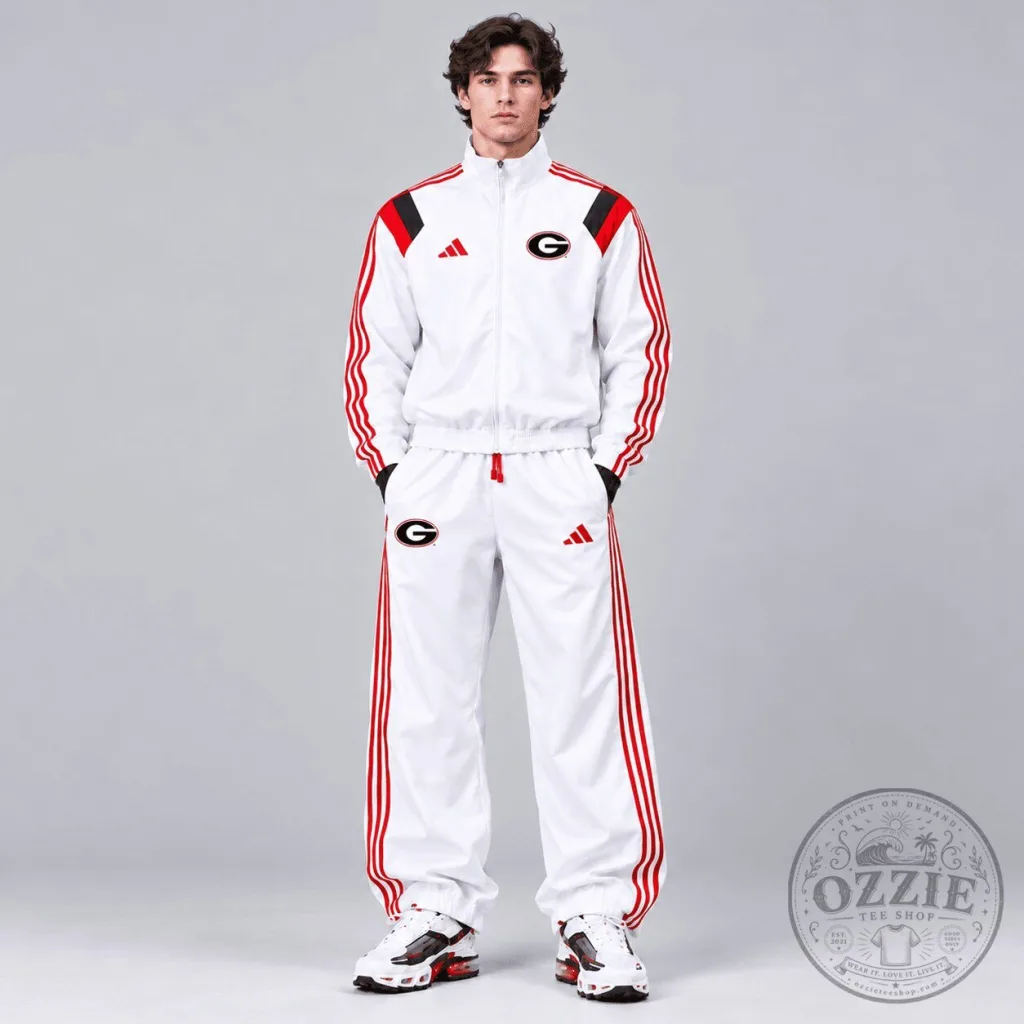 Georgia Bulldogs NCAA College Football Team White Track Jacket and Pants Set Georgia Bulldogs NCAA College Football Team White Track Jacket and Pants Set