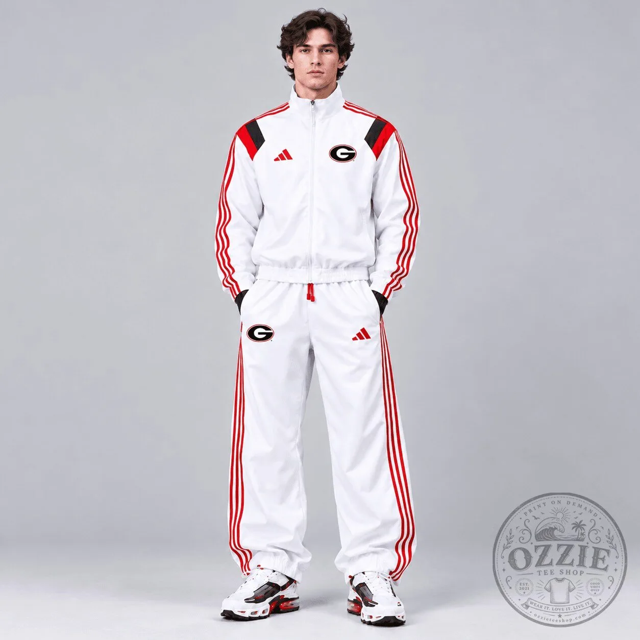 Georgia Bulldogs NCAA College Football Team White Track Jacket and Pants Set 1 Georgia Bulldogs NCAA College Football Team White Track Jacket and Pants Set