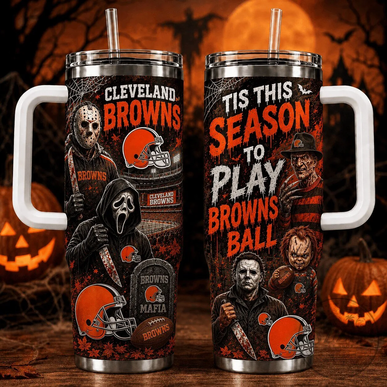 Cleveland Browns Halloween Horror Movie Characters Football Stainless Steel Tumbler