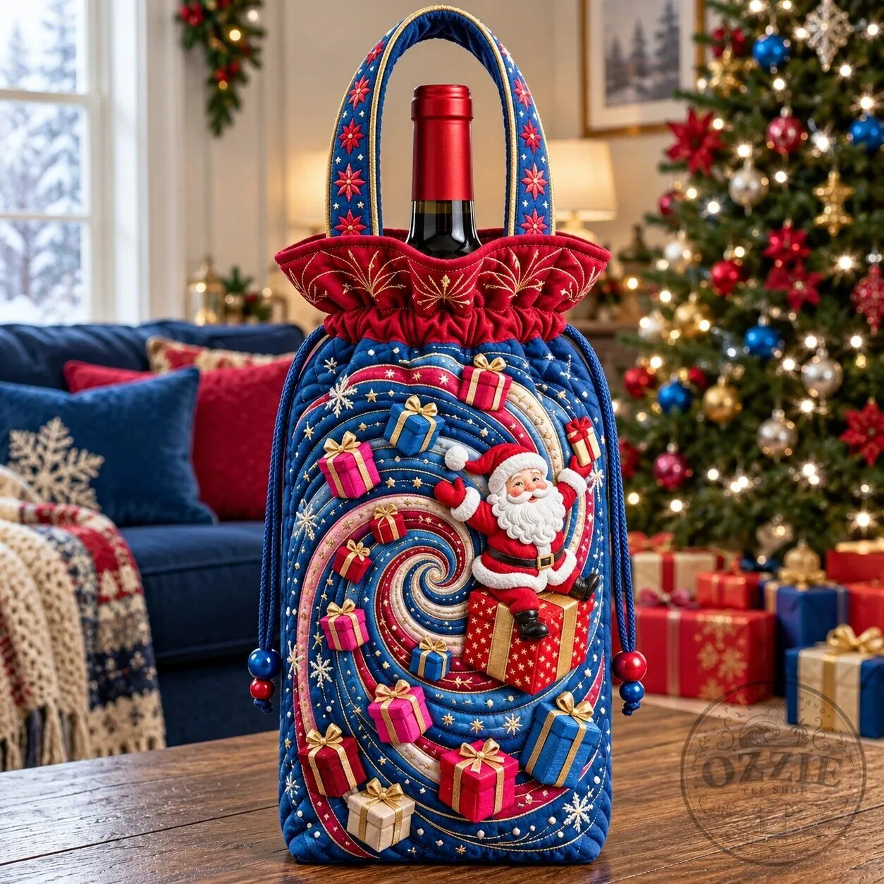 Christmas Santa Claus Swirl Pattern Quilted Wine Bottle Carrier Bag