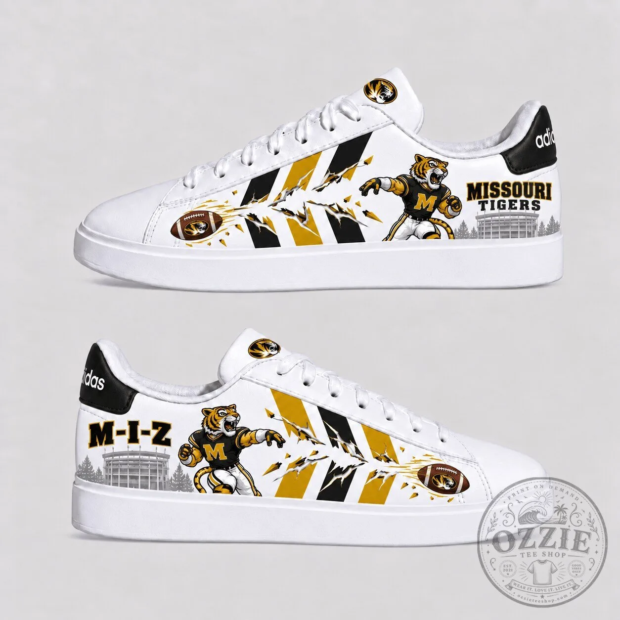 Missouri Tigers Football Team Mascot White and Gold Striped Sneakers