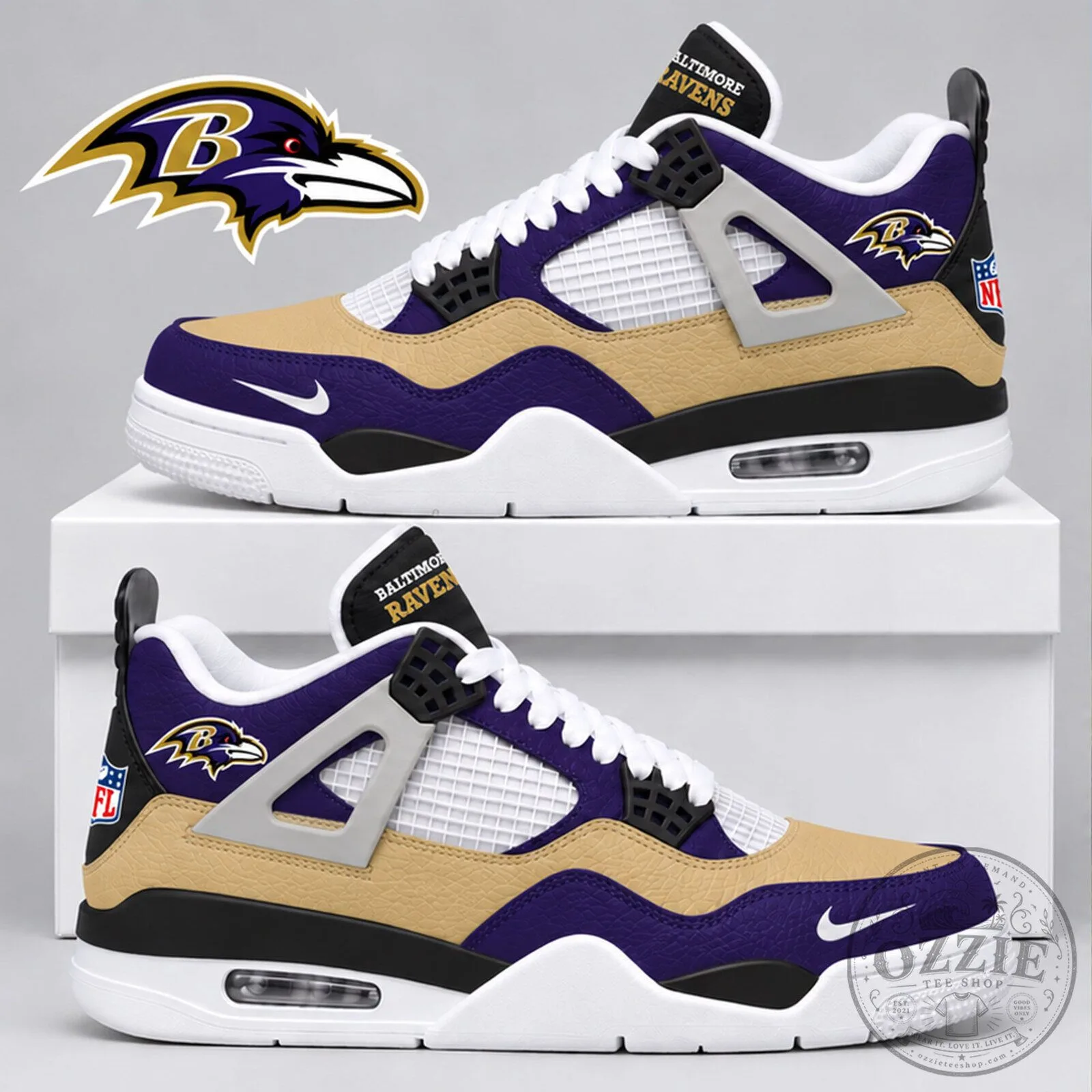 Baltimore Ravens NFL Team Logo Purple and Gold Air Jordan Style Sneakers