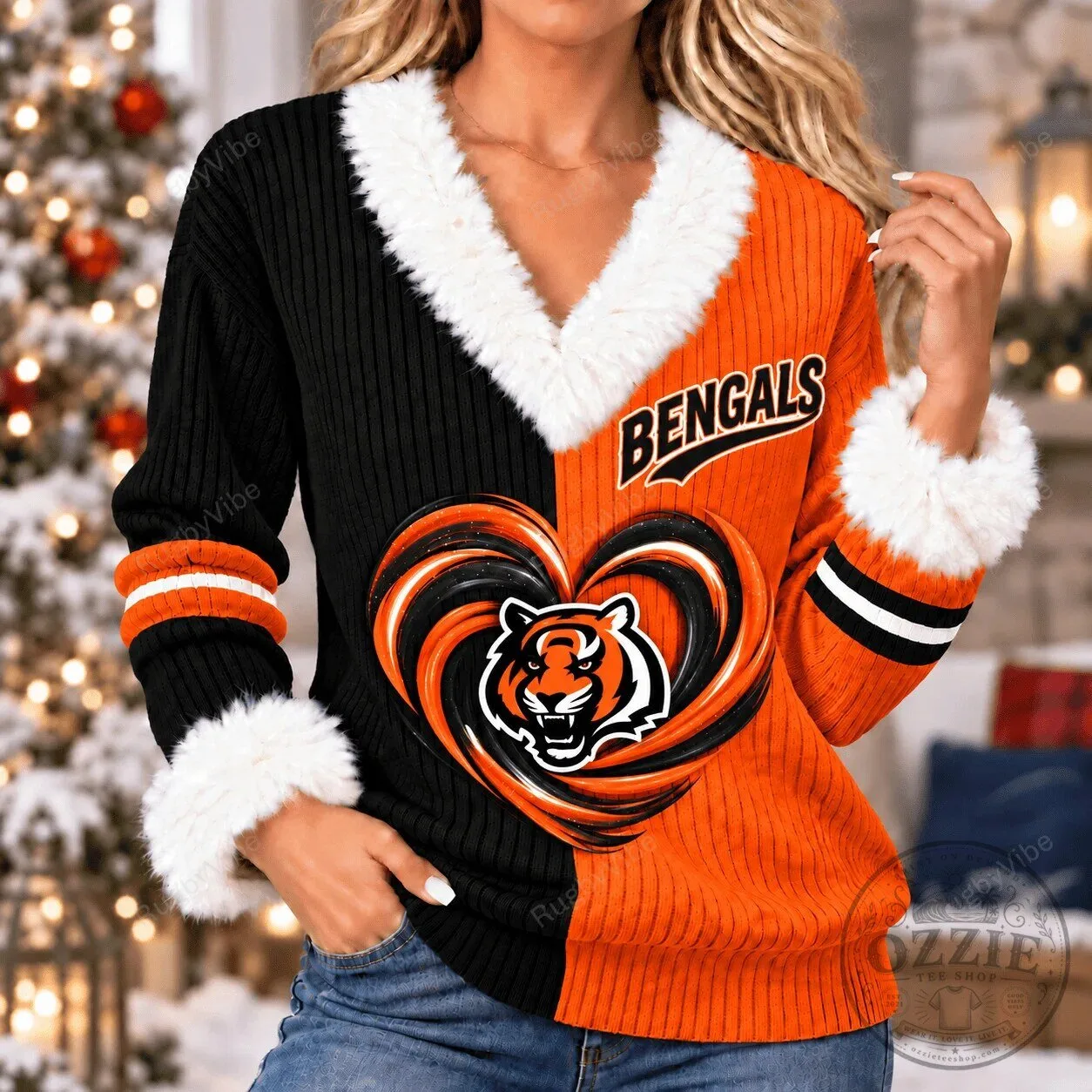 Cincinnati Bengals Christmas Heart Faux Fur Trim V-Neck Ugly Sweater