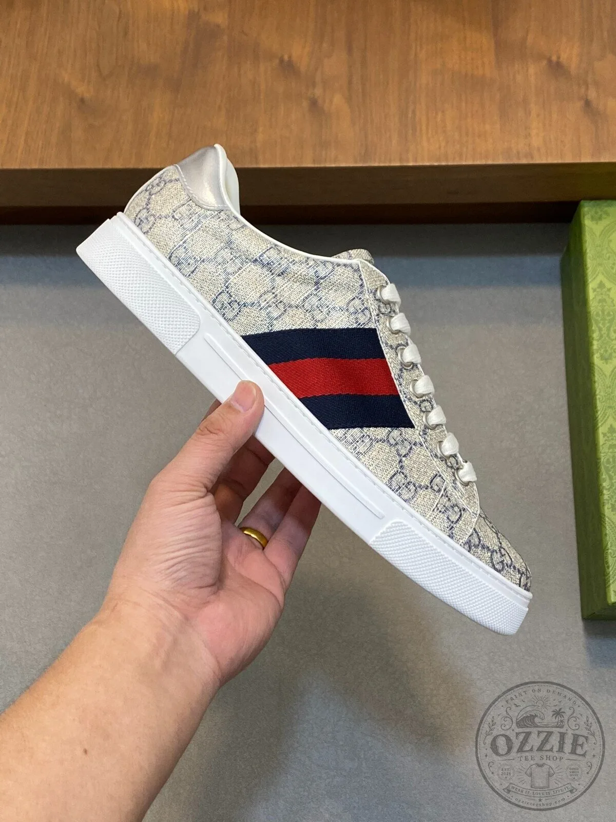 Gucci Monogram Canvas White Leather Trim Red and Blue Stripe Sneakers 9 Gucci Monogram Canvas White Leather Trim Red and Blue Stripe Sneakers