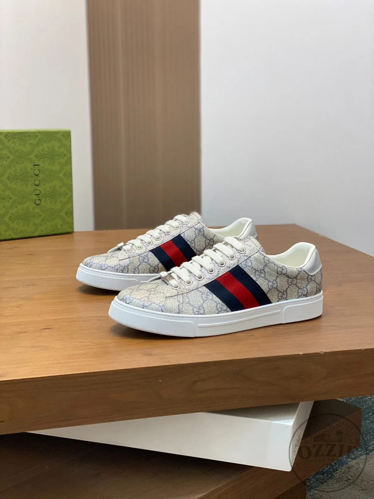Gucci Monogram Canvas White Leather Trim Red and Blue Stripe Sneakers 10 Gucci Monogram Canvas White Leather Trim Red and Blue Stripe Sneakers