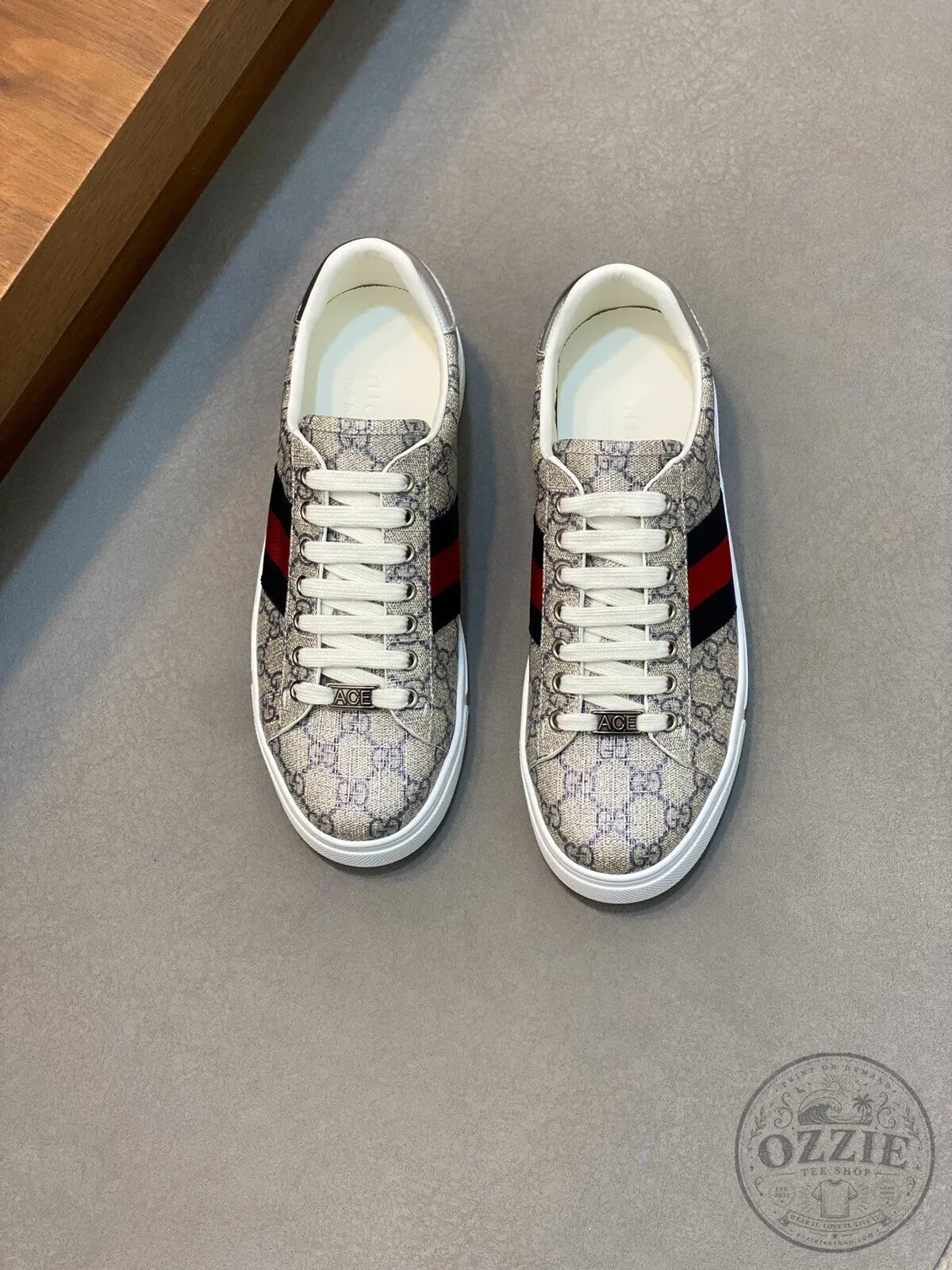 Gucci Monogram Canvas White Leather Trim Red and Blue Stripe Sneakers 11 Gucci Monogram Canvas White Leather Trim Red and Blue Stripe Sneakers