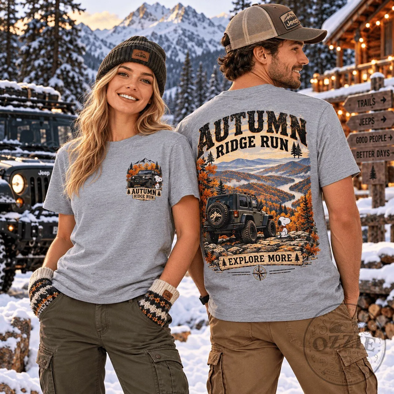 Snoopy Autumn Ridge Run Jeep Adventure Explore More Graphic T-Shirt