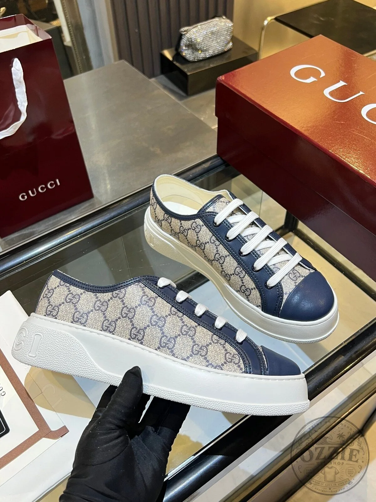 Gucci Monogram Canvas Blue Leather Sneakers 2 Gucci Monogram Canvas Blue Leather Sneakers