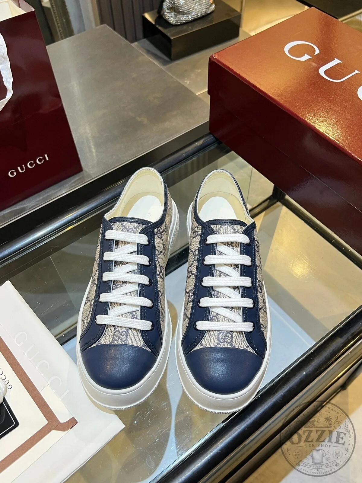 Gucci Monogram Canvas Blue Leather Sneakers 9 Gucci Monogram Canvas Blue Leather Sneakers