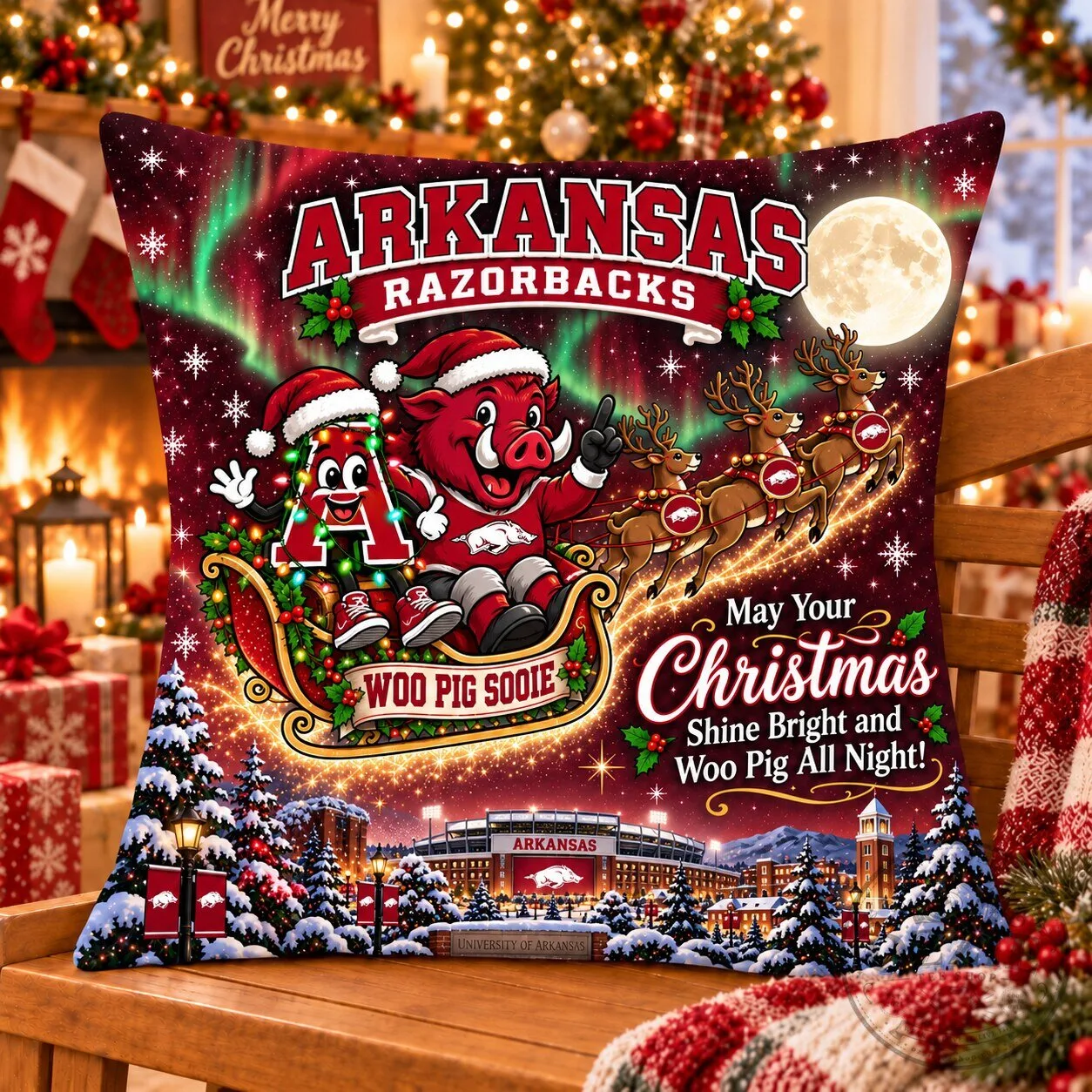 Arkansas Razorbacks Christmas Night Flight Decorative Pillow