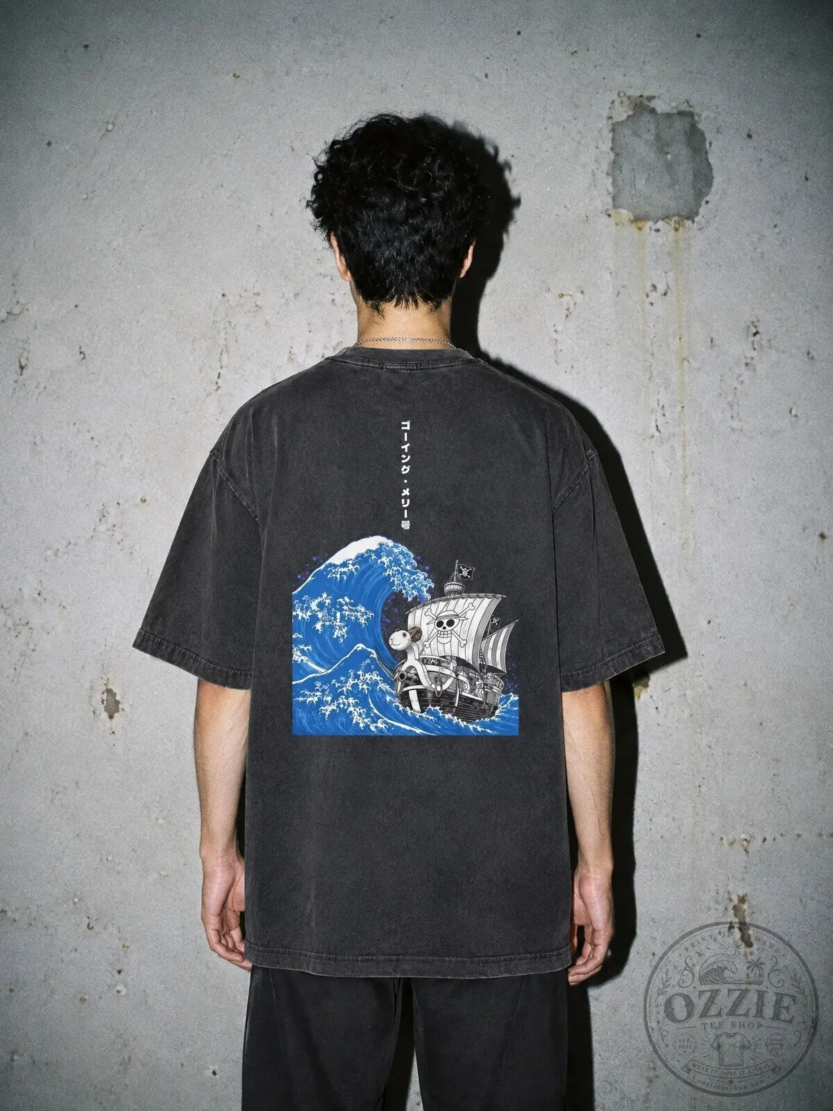 One Piece Going Merry Ship Great Wave Japanese Art Washed T-Shirt