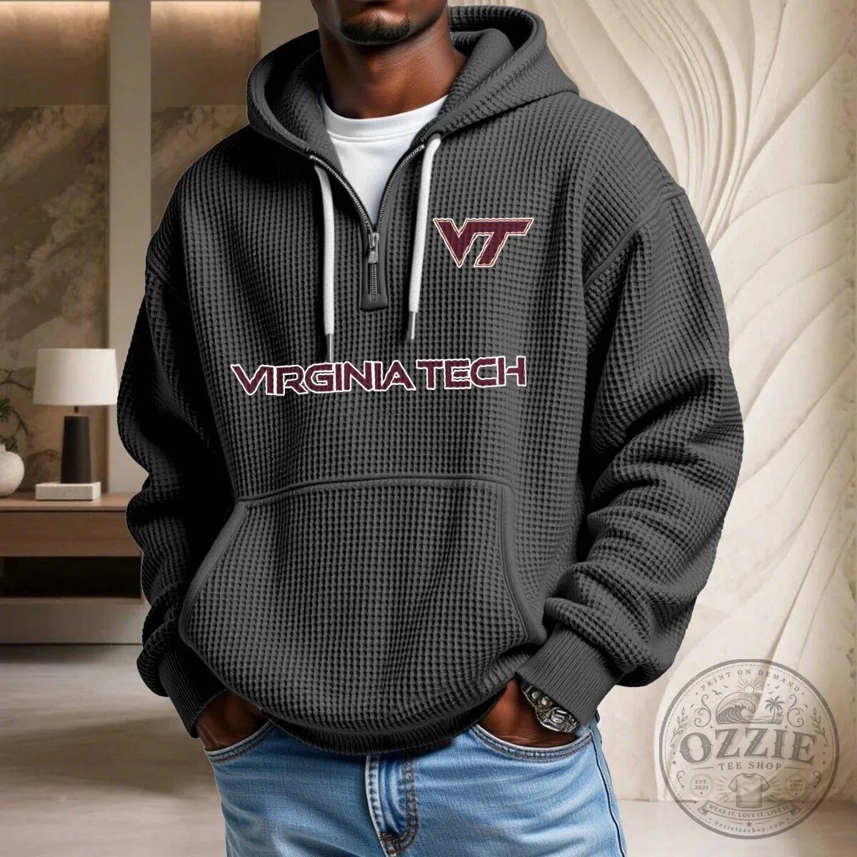 Virginia Tech Hokies Waffle Knit Quarter Zip Pullover Hoodie