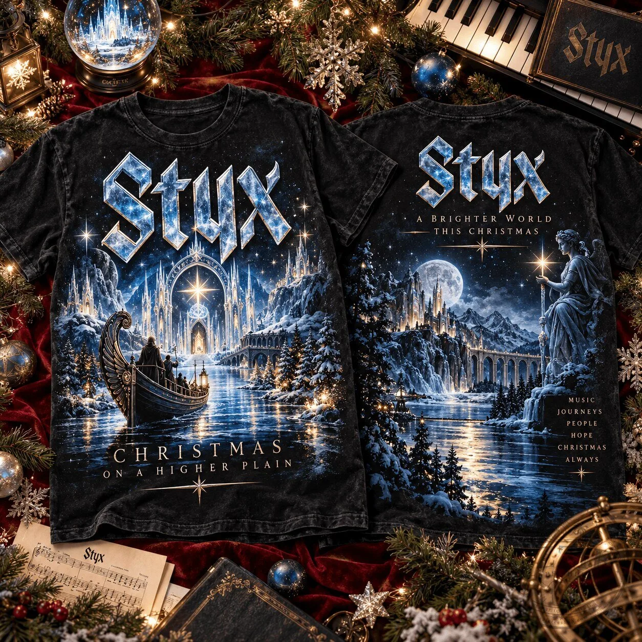 A Brighter World This Christmas T-Shirt by Styx - Christmas On A Higher Plain Design 1 A Brighter World This Christmas T-Shirt by Styx - Christmas On A Higher Plain Design