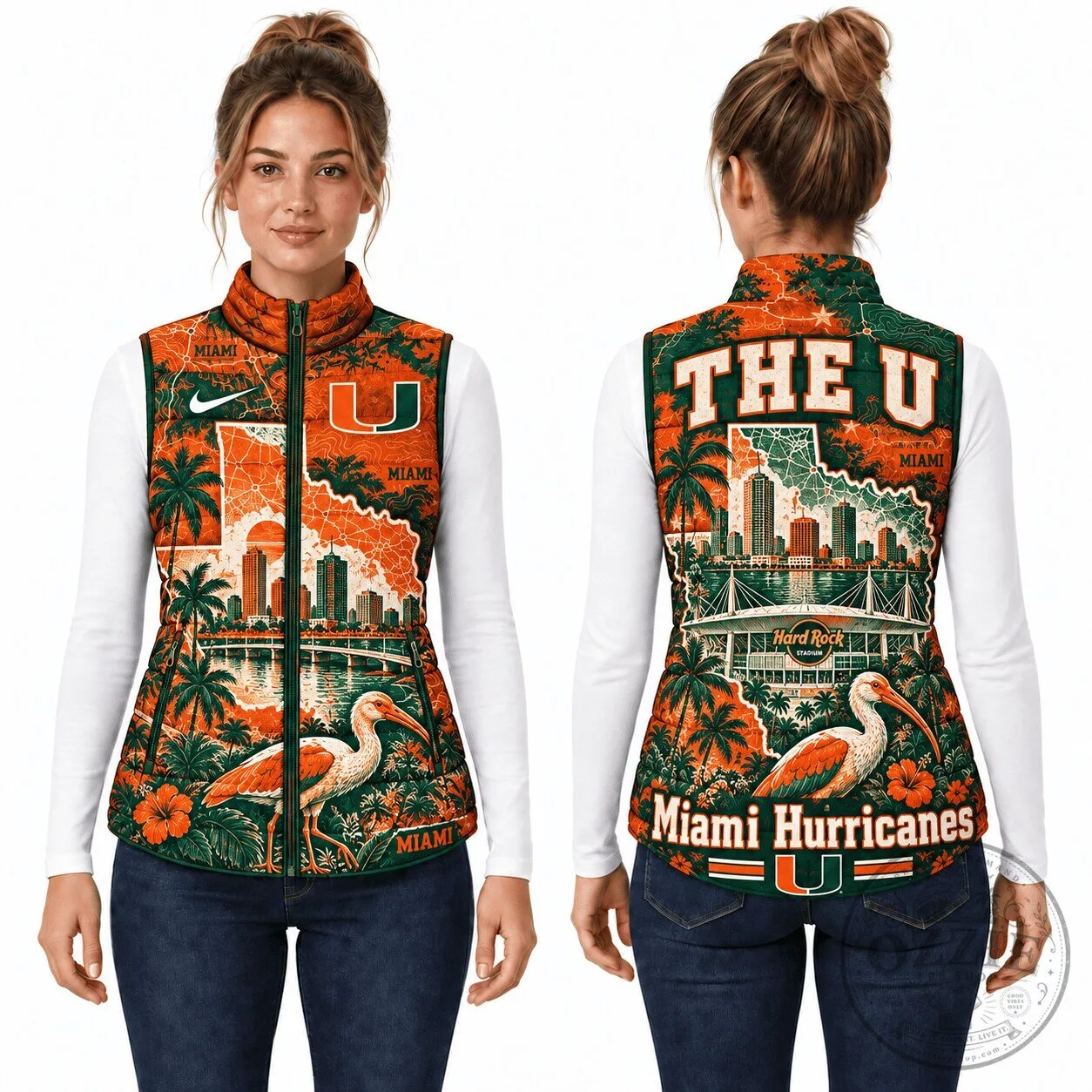 Miami Hurricanes Football Team All-Over Print Sleeveless Puffer Vest