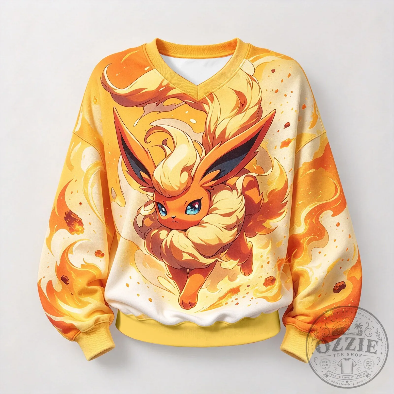 Cute Flareon Pokemon Anime Character Graphic Art V-Neck Sweatshirt