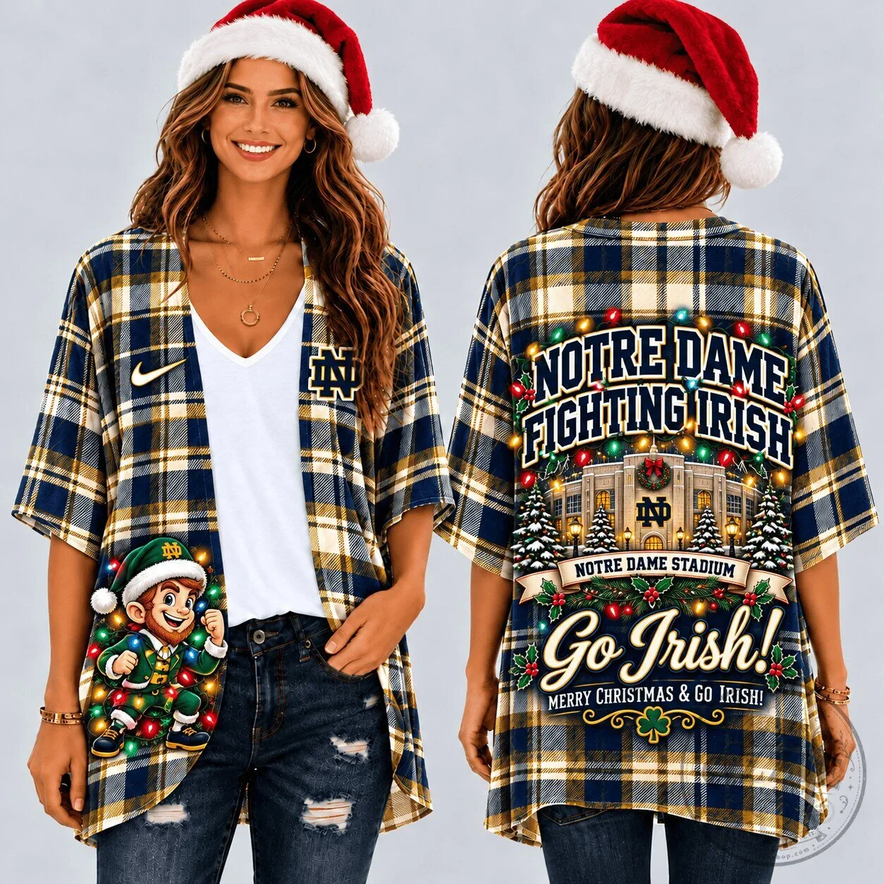 Notre Dame Fighting Irish Christmas Plaid Flannel Kimono Cardigan for Women