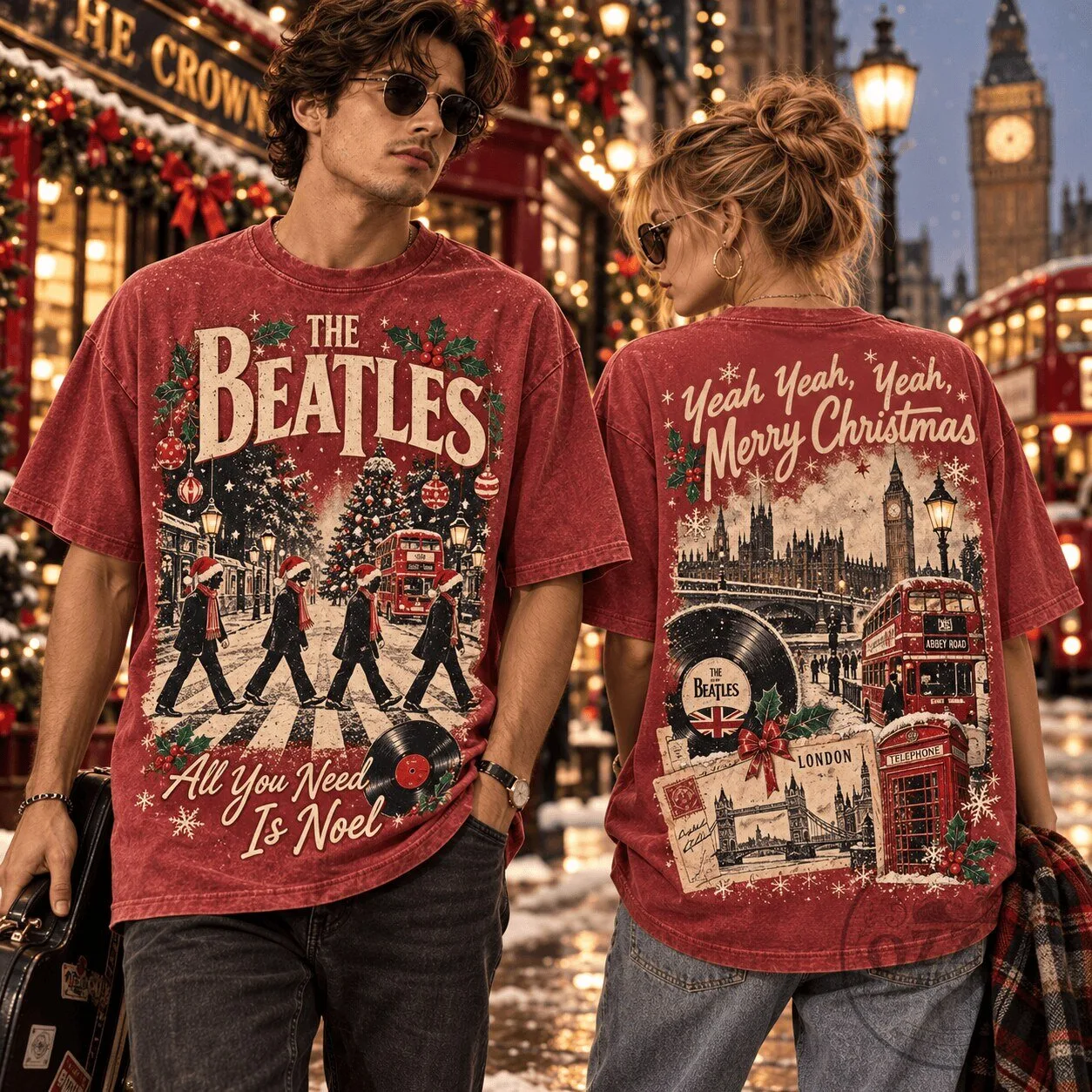 The Beatles Christmas Abbey Road London Red Bus Holiday T-Shirt