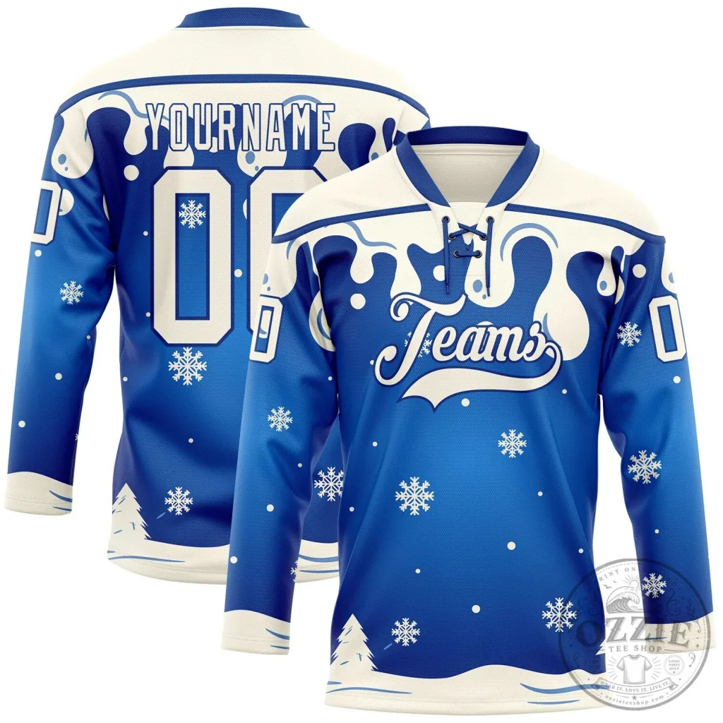 Custom Royal Blue Cream Melting Snow Lace Neck Hockey Jersey Custom Royal Blue Cream Melting Snow Lace Neck Hockey Jersey
