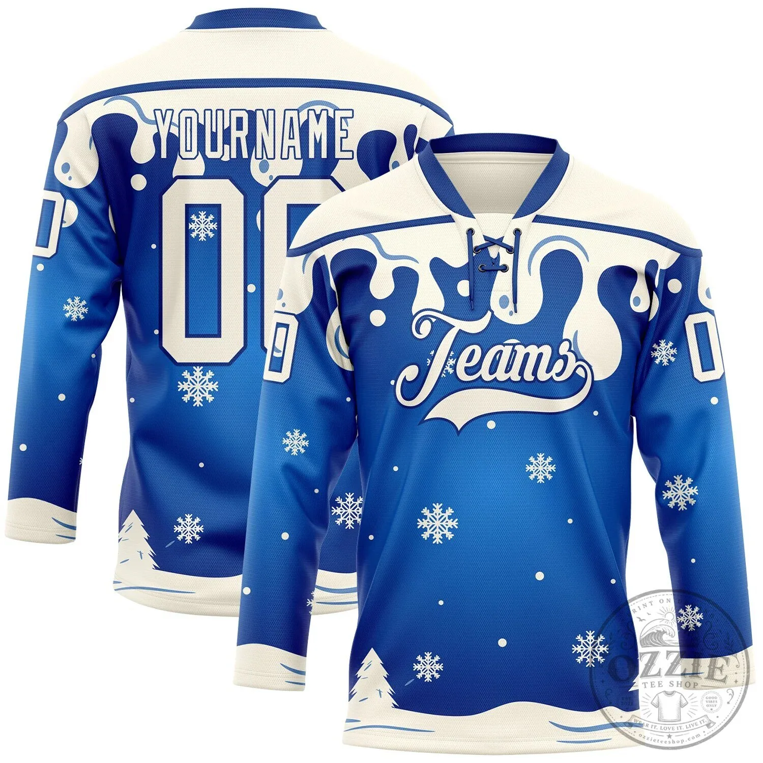Custom Royal Blue Cream Melting Snow Lace Neck Hockey Jersey