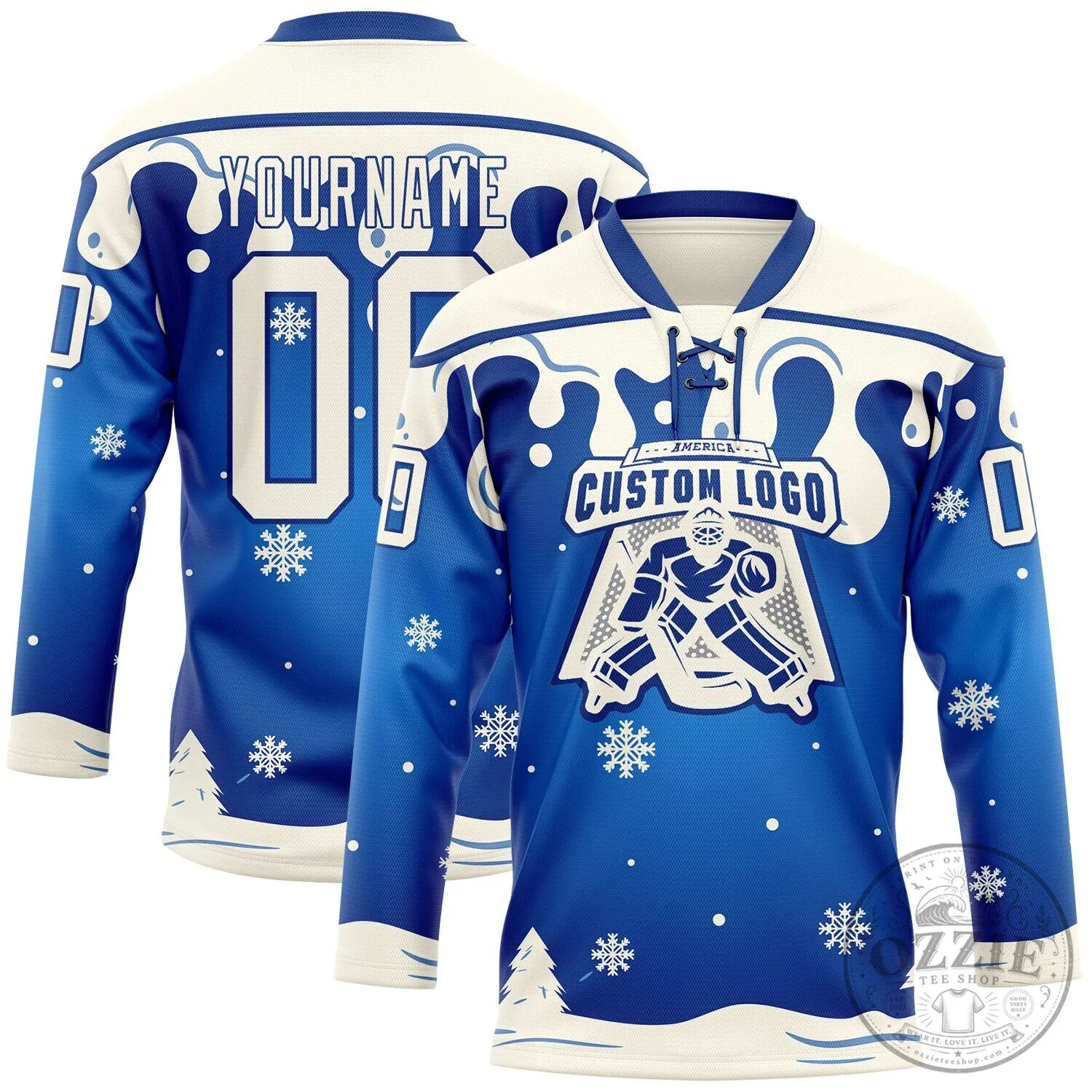 Custom Royal Blue Cream Melting Snow Lace Neck Hockey Jersey 11 Custom Royal Blue Cream Melting Snow Lace Neck Hockey Jersey