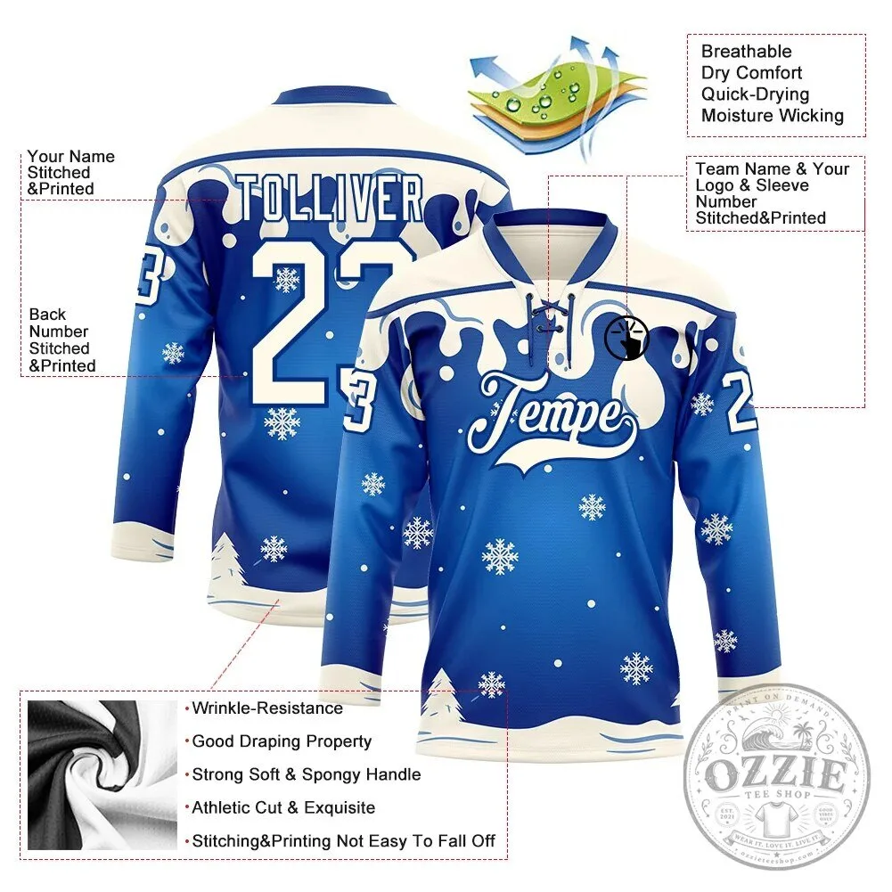 Custom Royal Blue Cream Melting Snow Lace Neck Hockey Jersey 13 Custom Royal Blue Cream Melting Snow Lace Neck Hockey Jersey