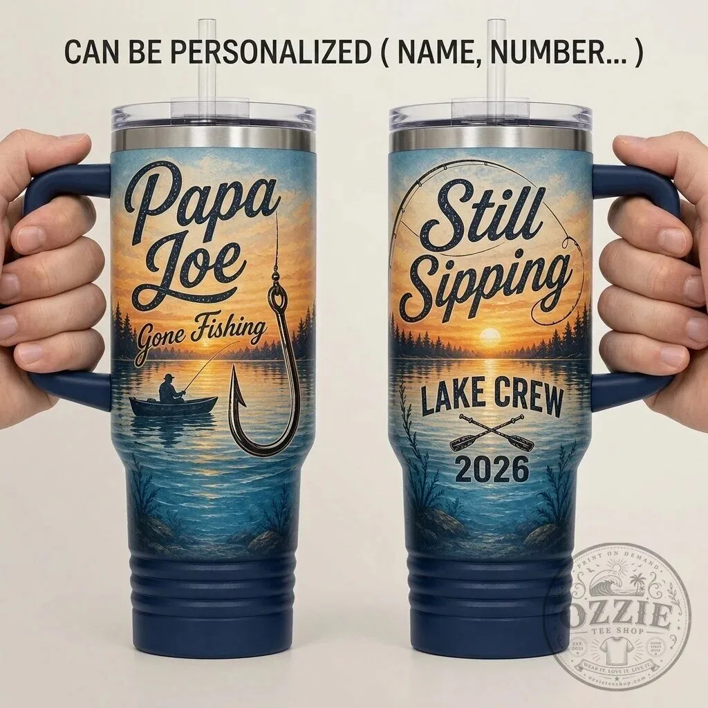 Personalized Fishing Lake Crew Tumbler with Handle - Custom Gone Fishing Gift