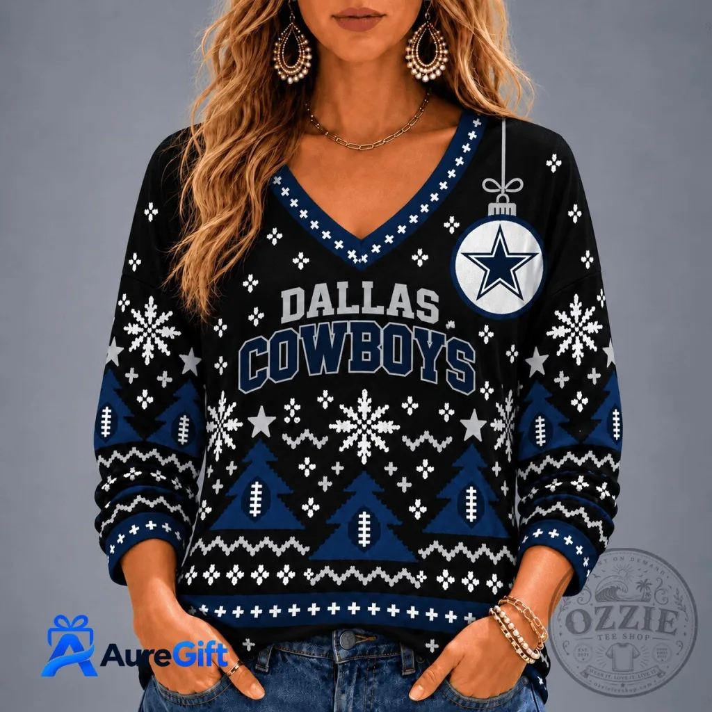 Dallas Cowboys Christmas Ugly Sweater Style Long Sleeve V-Neck T-Shirt for Women Dallas Cowboys Christmas Ugly Sweater Style Long Sleeve V-Neck T-Shirt for Women