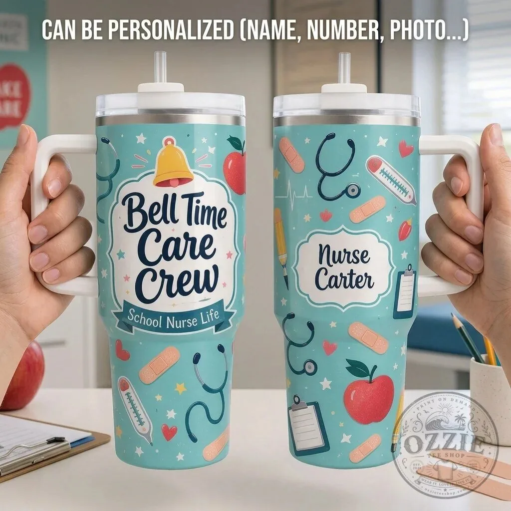 Personalized School Nurse Bell Time Care Crew Insulated Tumbler with Handle