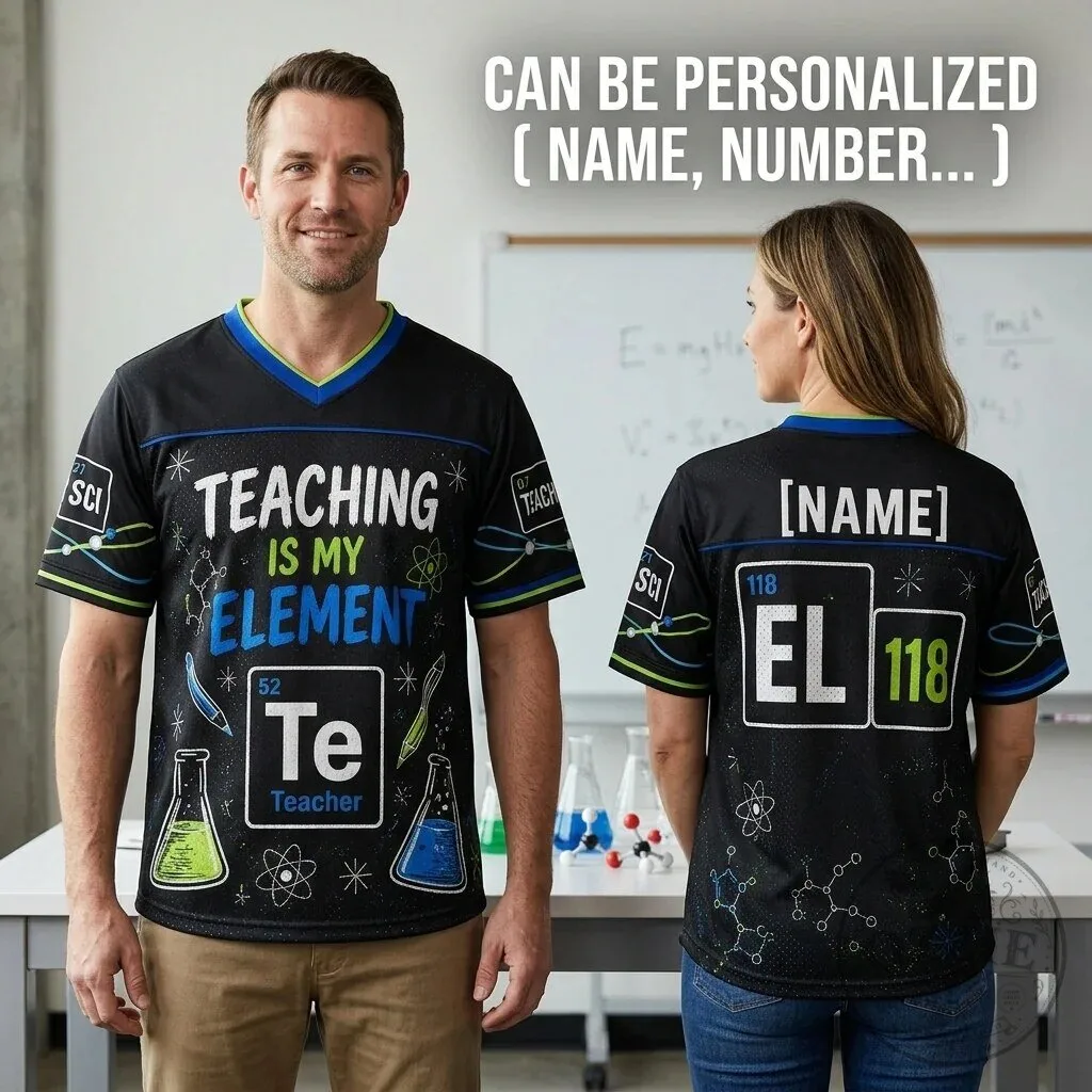 Science Teacher Periodic Table Element Personalized Football Jersey 9 Science Teacher Periodic Table Element Personalized Football Jersey