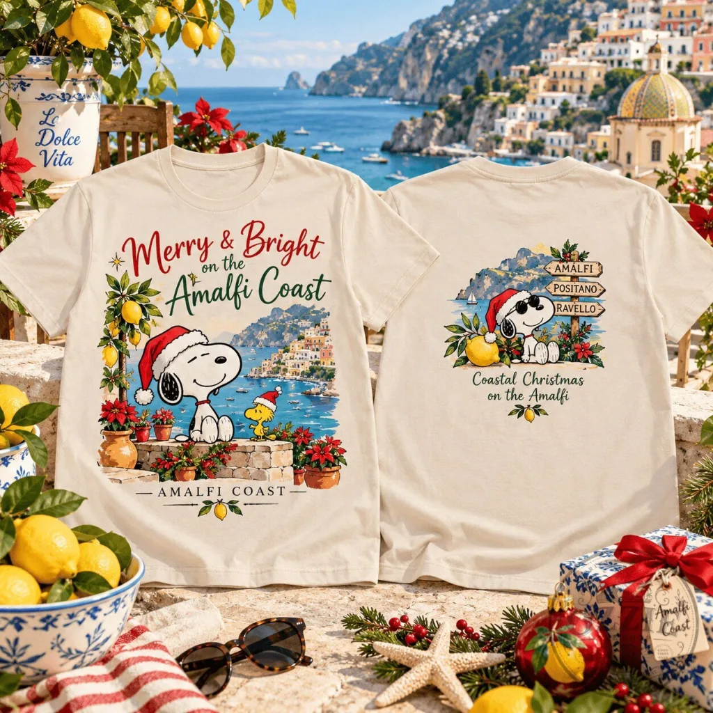 Snoopy Merry and Bright Amalfi Coast Coastal Christmas T-Shirt Snoopy Merry and Bright Amalfi Coast Coastal Christmas T-Shirt