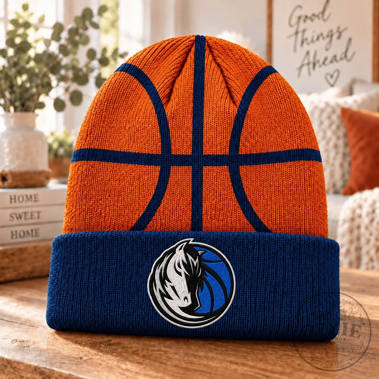 Dallas Mavericks NBA Basketball Logo Orange and Blue Knit Beanie Hat