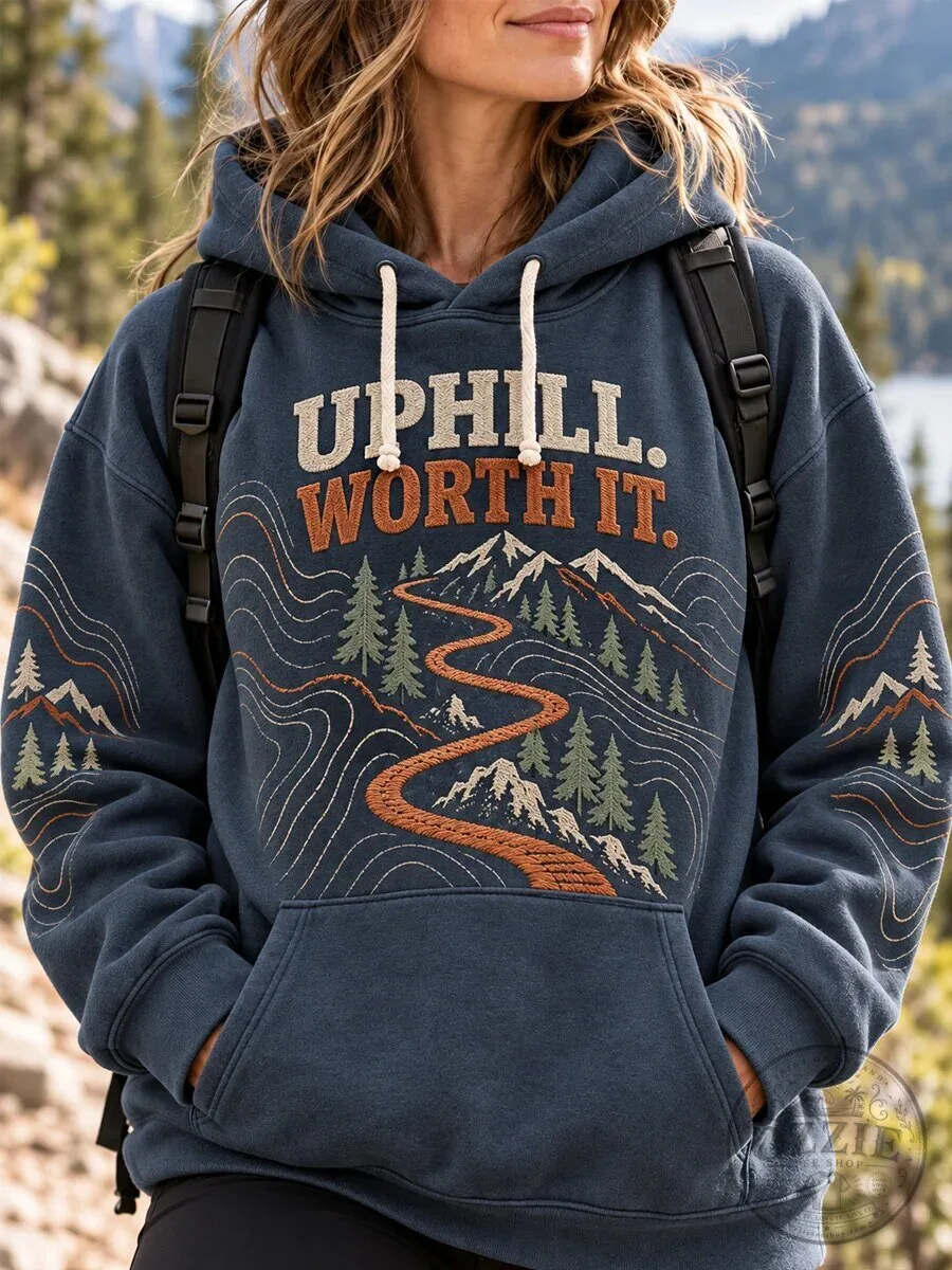 Uphill Worth It Mountain Hiking Trail Embroidered Hoodie