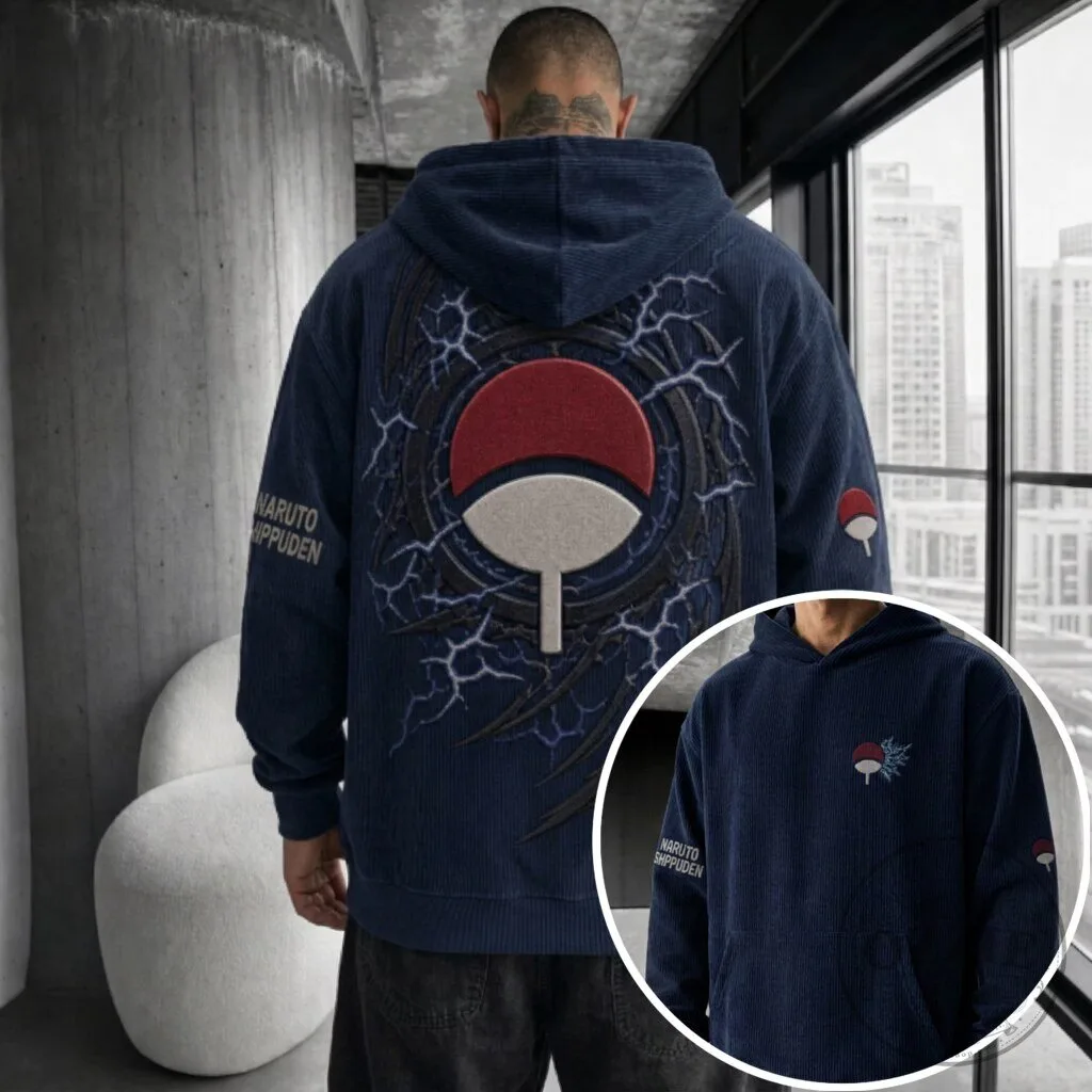 Naruto Shippuden Uchiha Clan Symbol Lightning Oversized Corduroy Hoodie