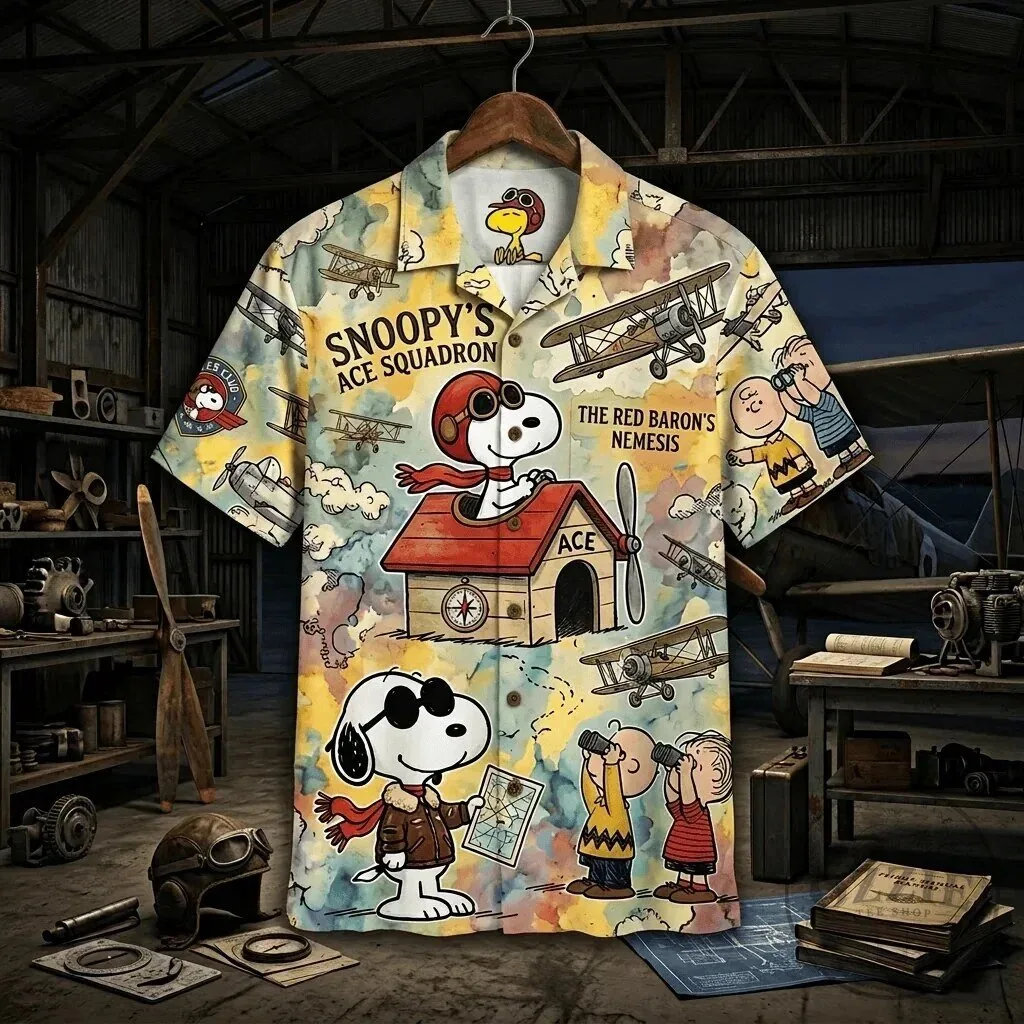 Hawaiian Shirt Featuring Snoopy's Ace Squadron Against the Red Baron