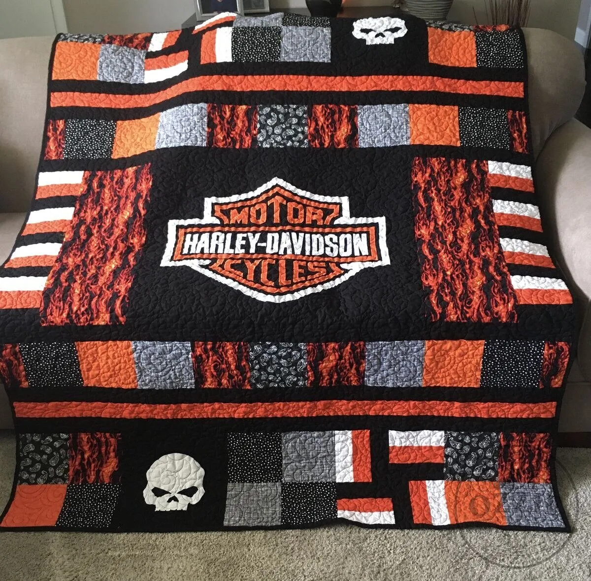 Harley-Davidson Motorcycles Flame Skull Quilted Blanket