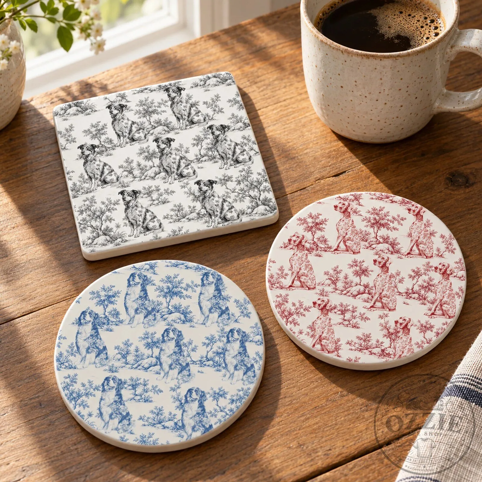 Custom Dog Breeds Chinoiserie Toile De Jouy Style Personalized Drink Coasters