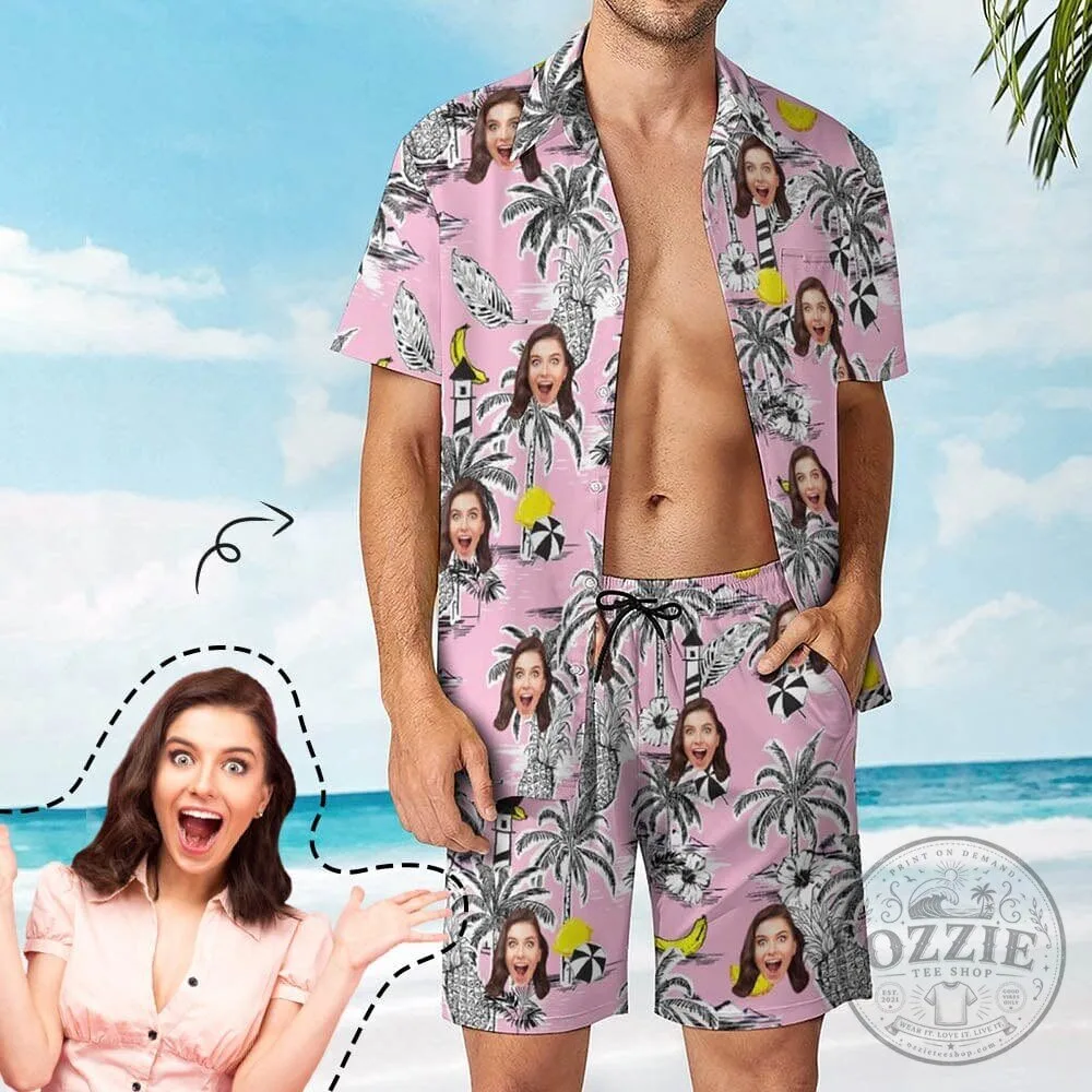 Custom Face Pink Palm Tree Pineapple Beach Holiday Hawaiian Shirt and Shorts Set