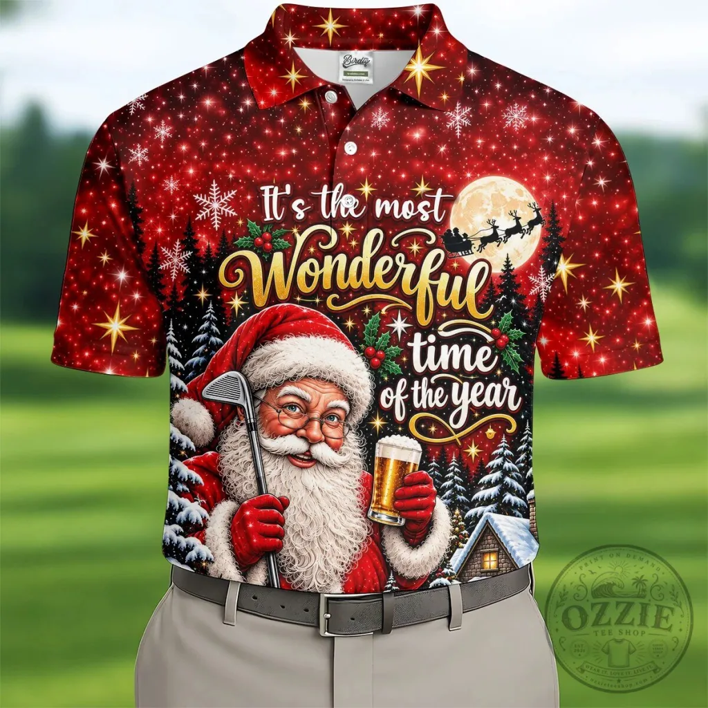 Christmas Santa Claus Golfing Beer Holiday Men's Polo Shirt Christmas Santa Claus Golfing Beer Holiday Men's Polo Shirt