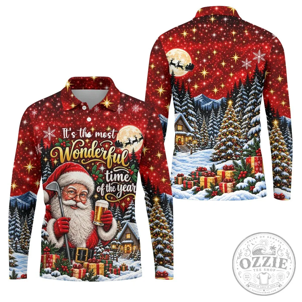 Christmas Santa Claus Golfing Beer Holiday Men's Polo Shirt 24 Christmas Santa Claus Golfing Beer Holiday Men