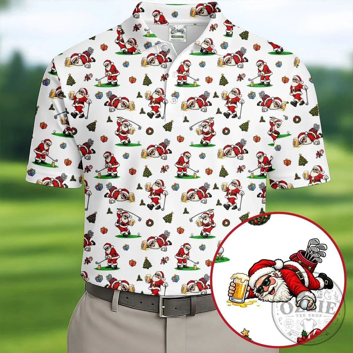 Drunk Santa Claus Beer Golfer Christmas Holiday Pattern Men's Polo Shirt